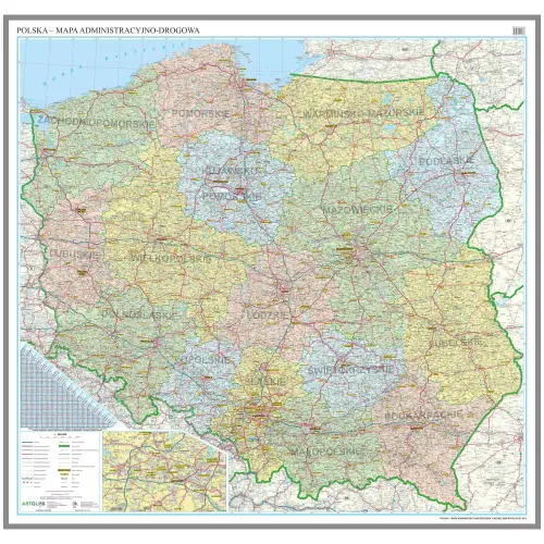 Polska mapa ścienna administracyjno-drogowa, 1:500 000, 140x145 cm, ArtGlob