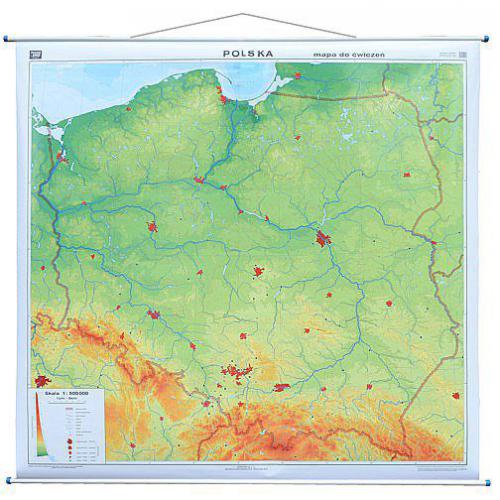 Polska mapa ścienna dwustronna fizyczna, do ćwiczeń 1:500 000, 160x150 cm